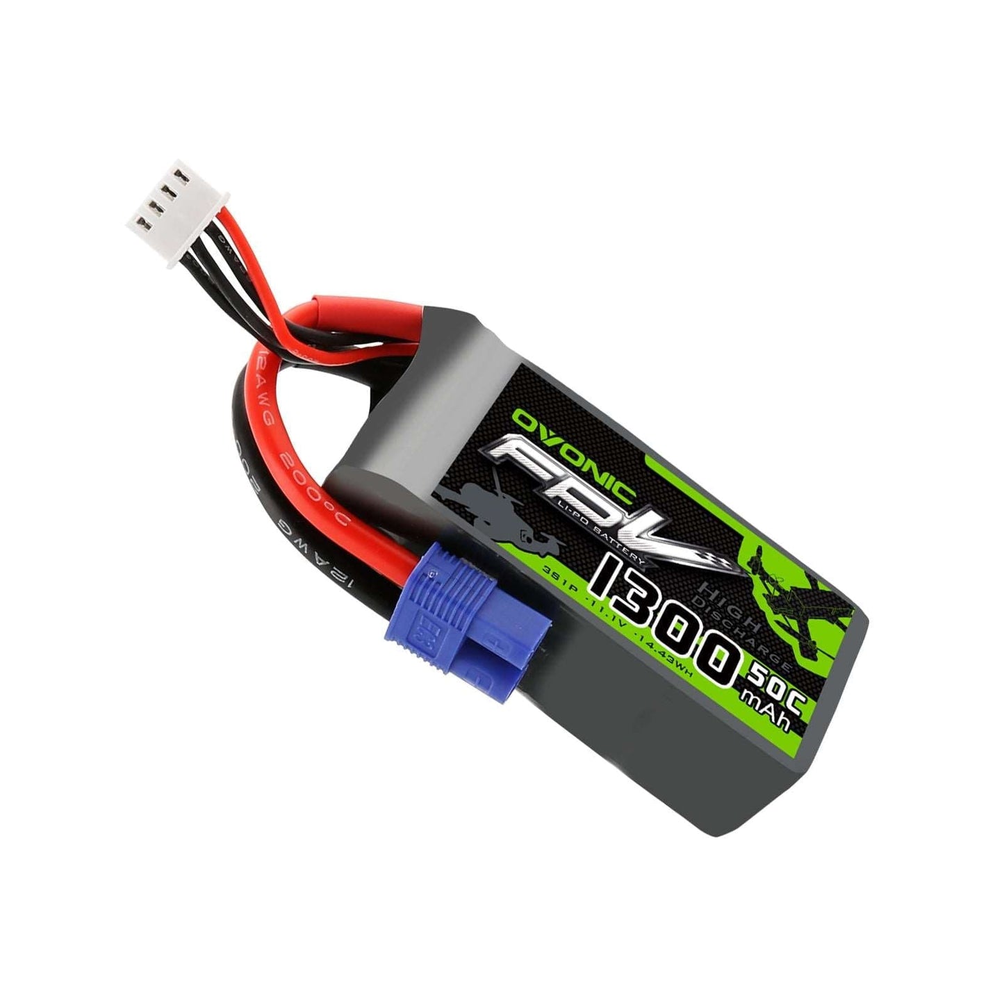 Angled top view of OVONIC FPV 1300mAh 3S 50C LiPo battery showing EC3 discharge plug and wiring