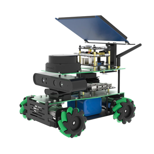 ROSMASTER robot car chassis with open top panel, sensor module, and mecanum wheels on white background