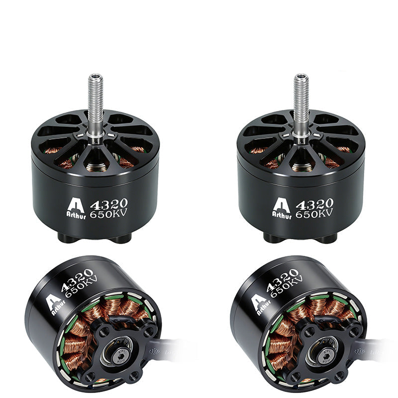 Four Flashhobby Arthur A4320 650KV brushless motors with black housings, exposed copper windings and threaded shafts