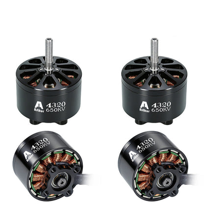 Four Flashhobby Arthur A4320 650KV brushless motors with black housings, exposed copper windings and threaded shafts
