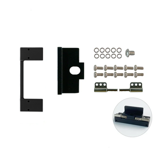 Bracket mounting kit flat lay with metal bracket plates, screws, washers, and two clamp pieces