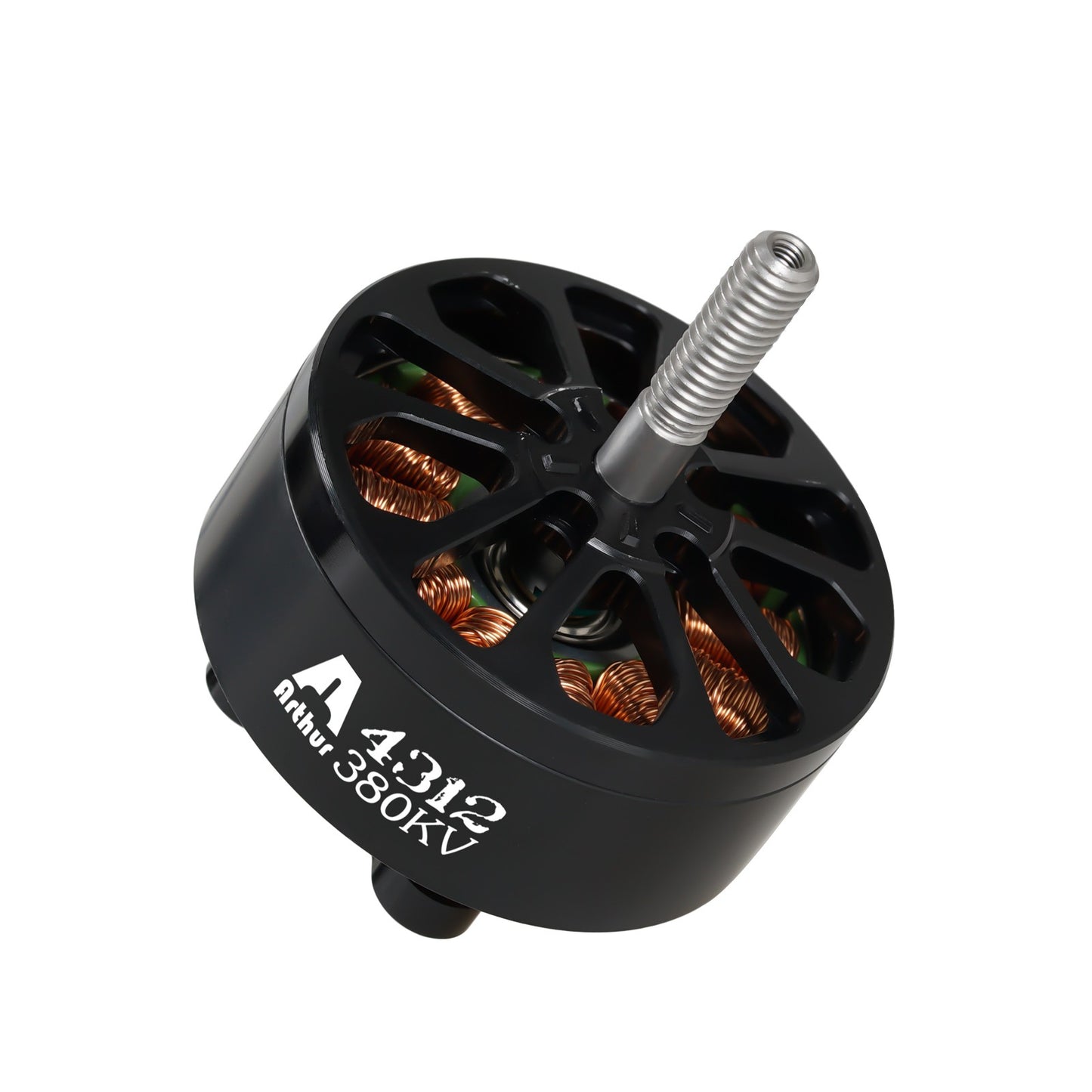 Flashhobby Arthur A4312 380KV brushless motor with black housing, exposed copper windings, and threaded shaft