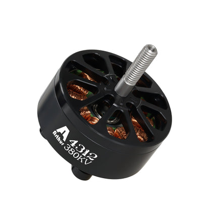 Flashhobby Arthur A4312 380KV brushless motor with black housing, exposed copper windings, and threaded shaft