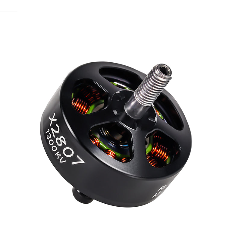 Flashhobby X2807 Brushless DC Motor, Flashhobby X2807 1300KV brushless DC motor with black housing and threaded shaft, top view