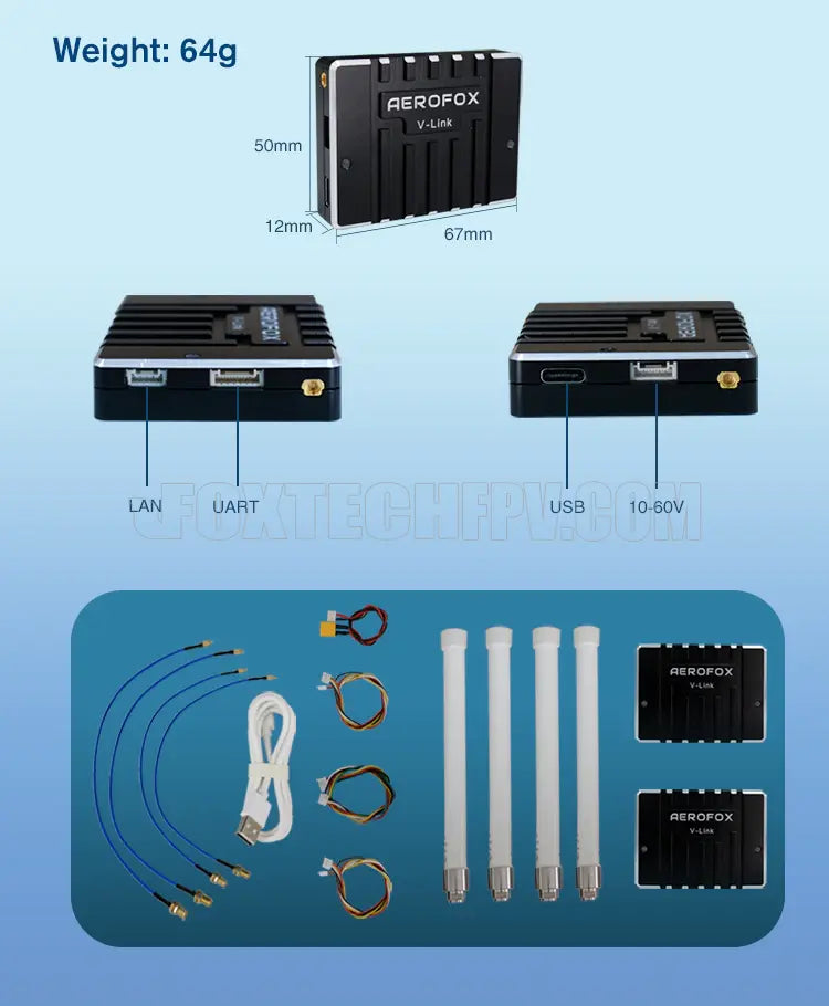 AEROFOX V-Link 15KM 30KM 800MHZ 1.4GHZ 2.4GHZ Long Range Video/Data Transmission System 4 Aerofox V-Link 50mm 12mm 67mm LAN UART TTGB