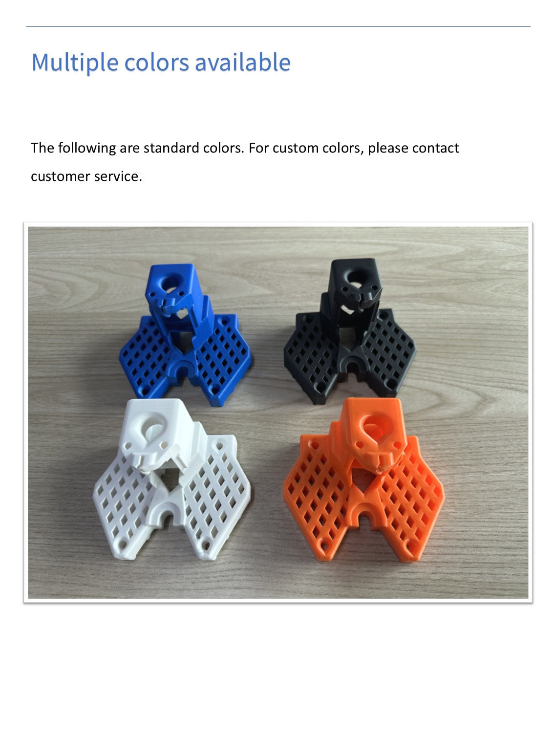 Robotic arm kit offers four standard colors; custom options available through customer service.