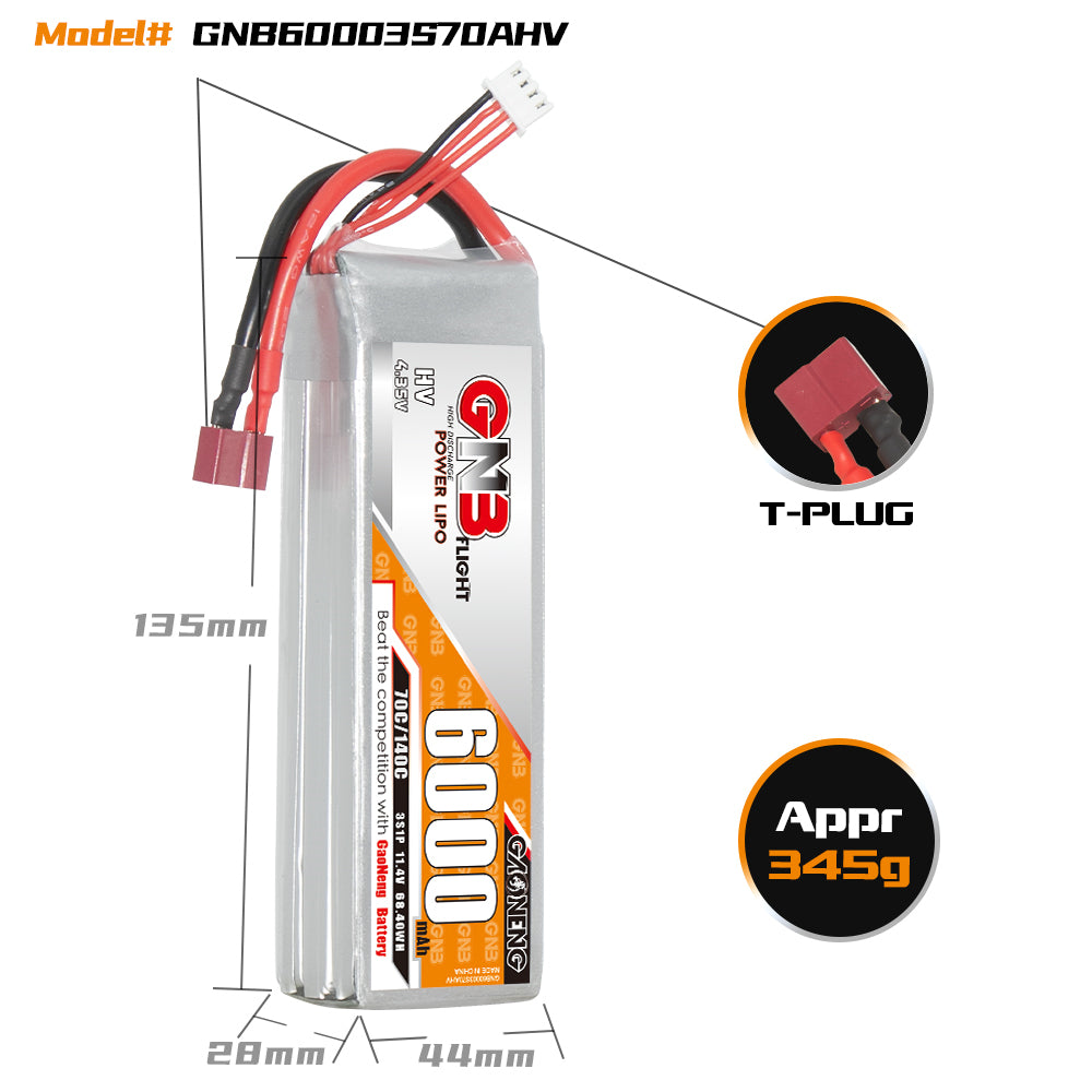 GNB60003S70AHV battery dimensions diagram (135×44×28mm) showing T-plug and approx 345g