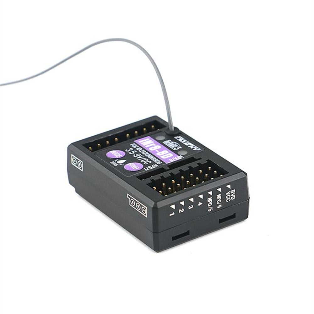 Receiver angled view showing PWM channel pins and BVD/VCC i-BUS2 port labels on end panel