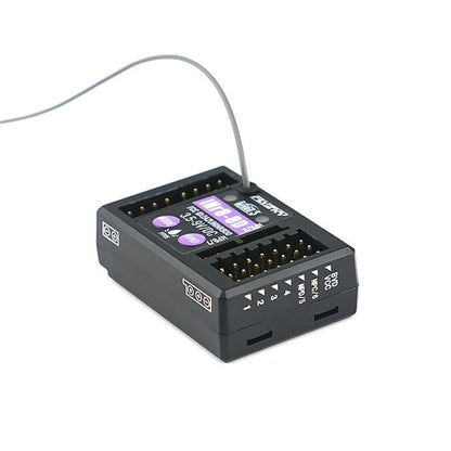 Receiver angled view showing PWM channel pins and BVD/VCC i-BUS2 port labels on end panel