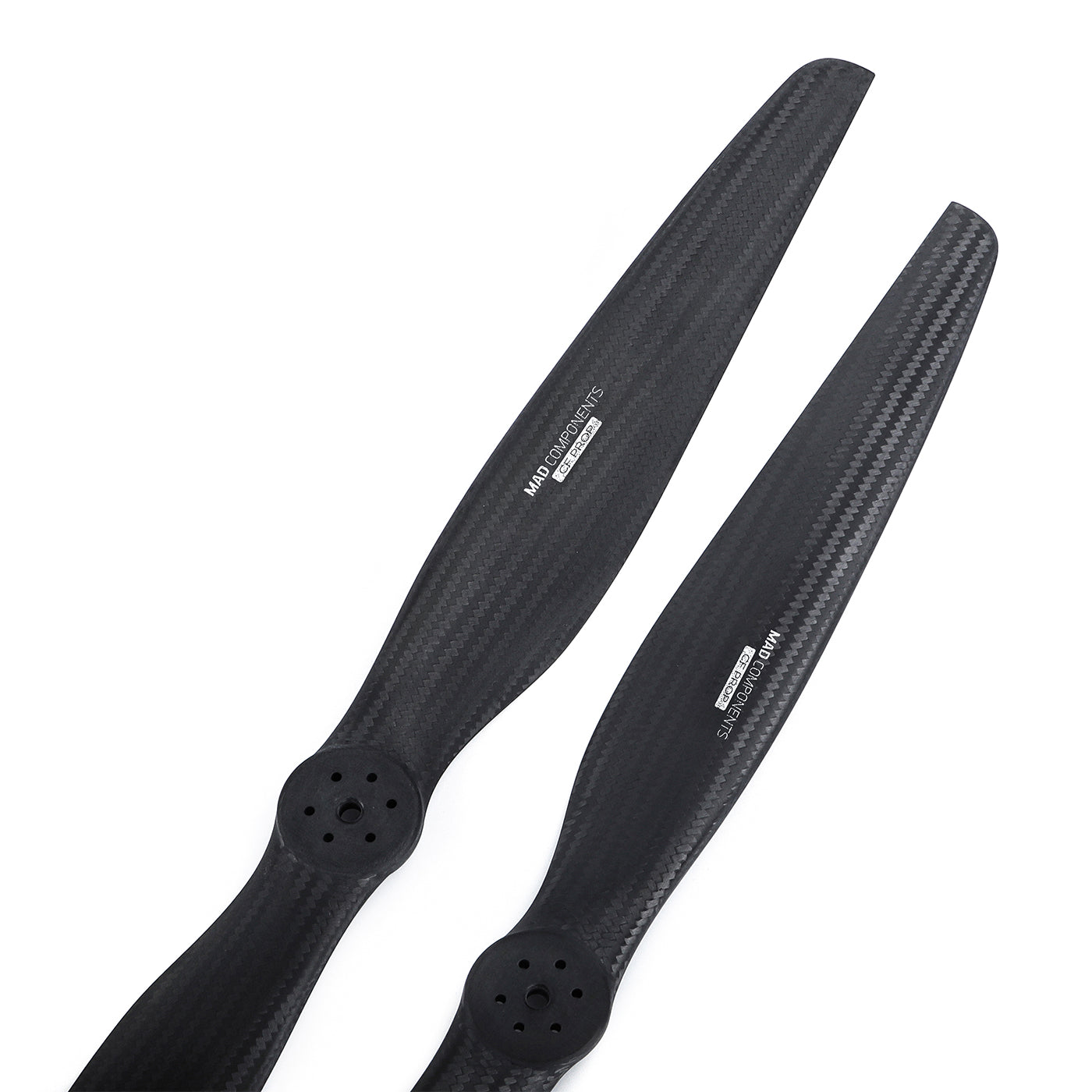 MAD FLUXER EVTOL Carbon Fiber Propeller, Pair of MAD FLUXER eVTOL carbon fiber two-blade propellers with black weave finish and multi-hole hubs