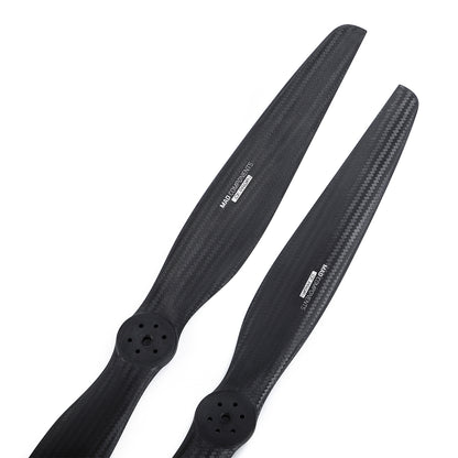 MAD FLUXER EVTOL Carbon Fiber Propeller, Pair of MAD FLUXER eVTOL carbon fiber two-blade propellers with black weave finish and multi-hole hubs