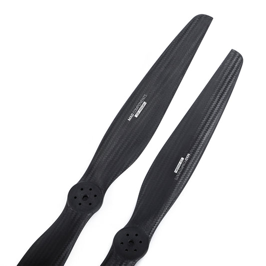 MAD FLUXER EVTOL Carbon Fiber Propeller, Pair of MAD FLUXER eVTOL carbon fiber two-blade propellers with black weave finish and multi-hole hubs