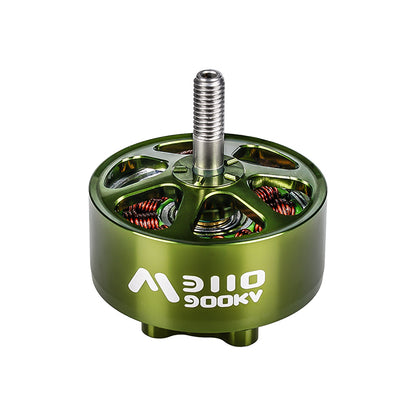 Flashhobby Mars 3110 900KV BLDC Motor, Flashhobby Mars 3110 900KV brushless motor with green housing, exposed copper windings, and threaded shaft
