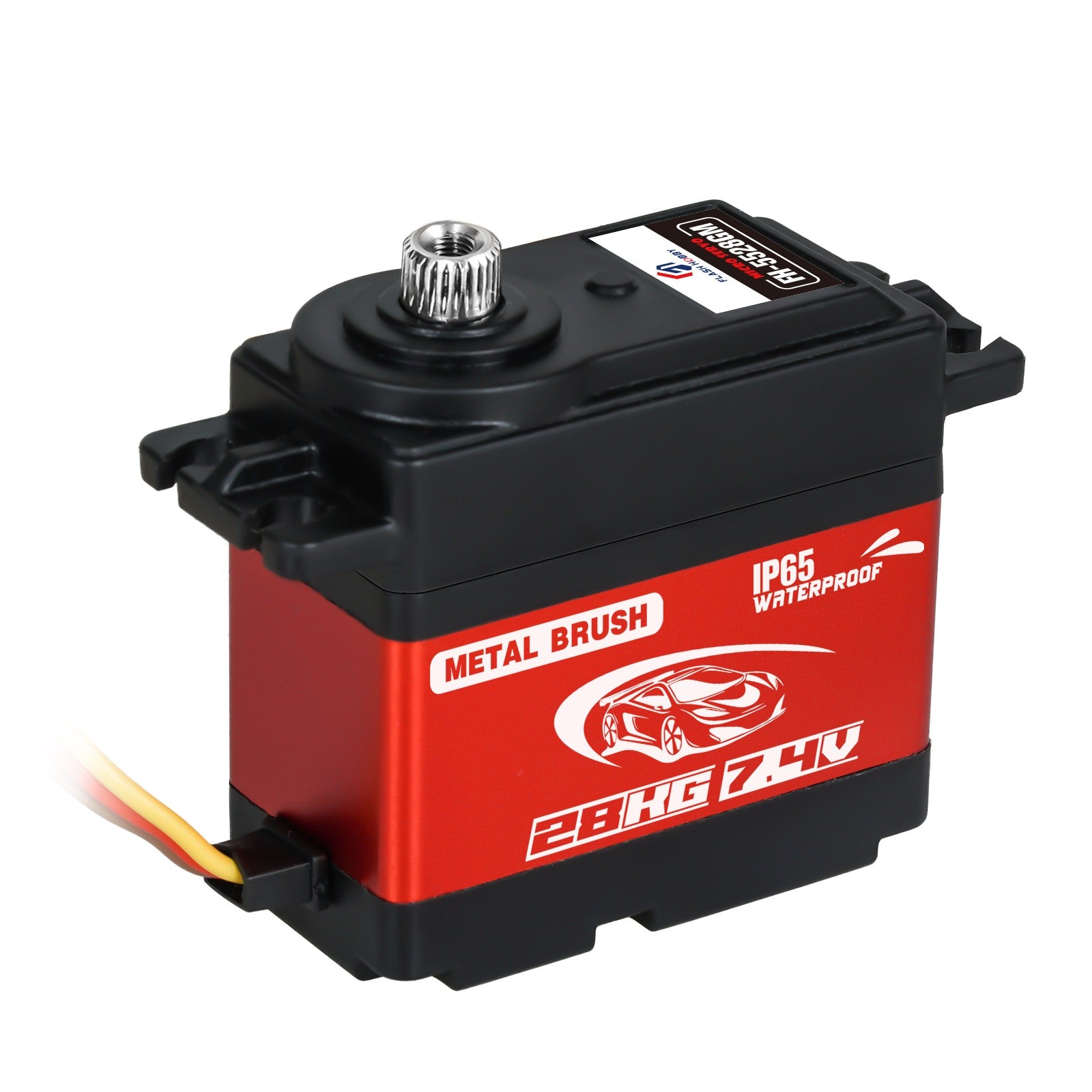 Flashhobby FH-5528MG standard servo with metal output spline, IP65 waterproof case, and 28kg 7.4V label