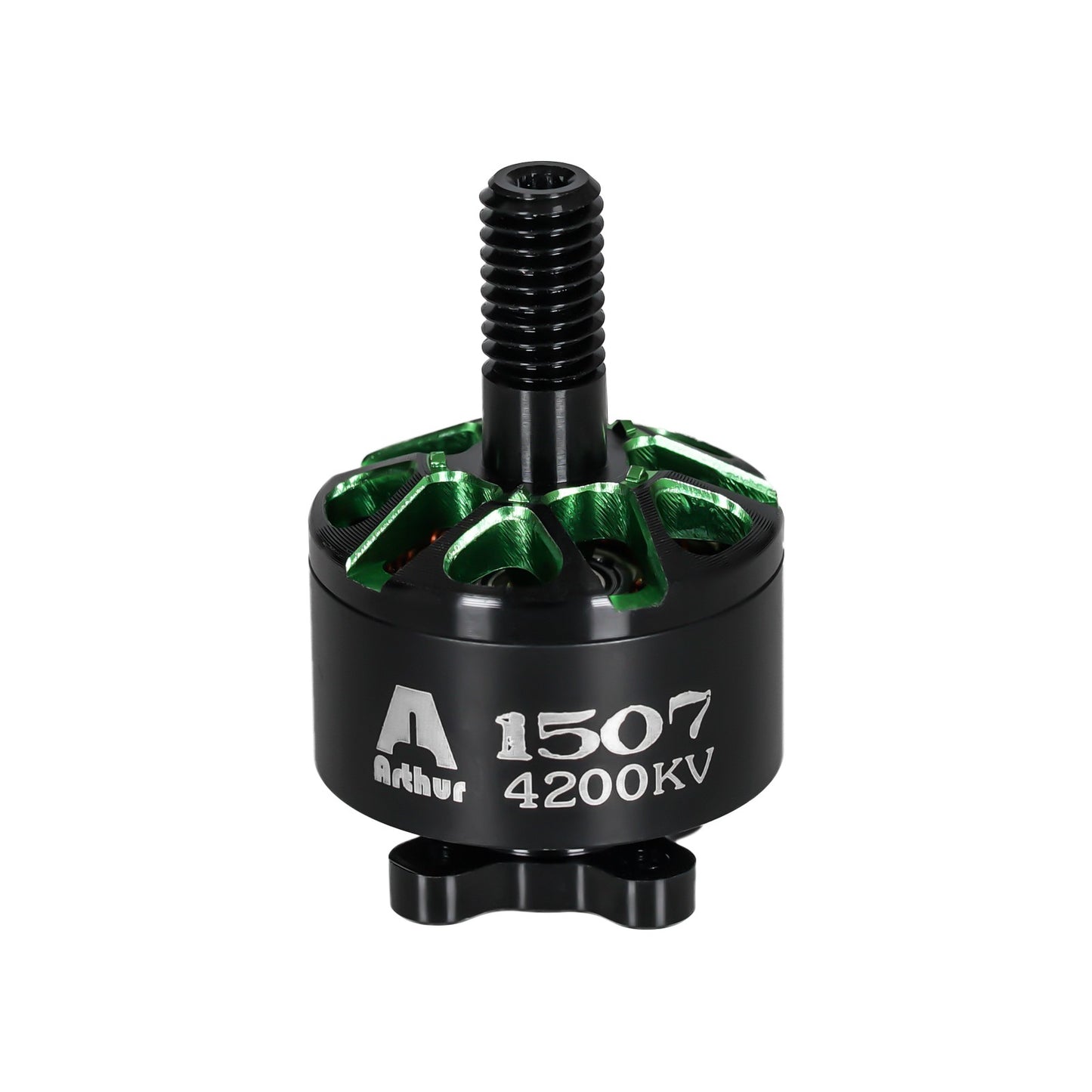 Flashhobby Arthur A1507 4200KV brushless motor with black housing, green stator, and threaded shaft