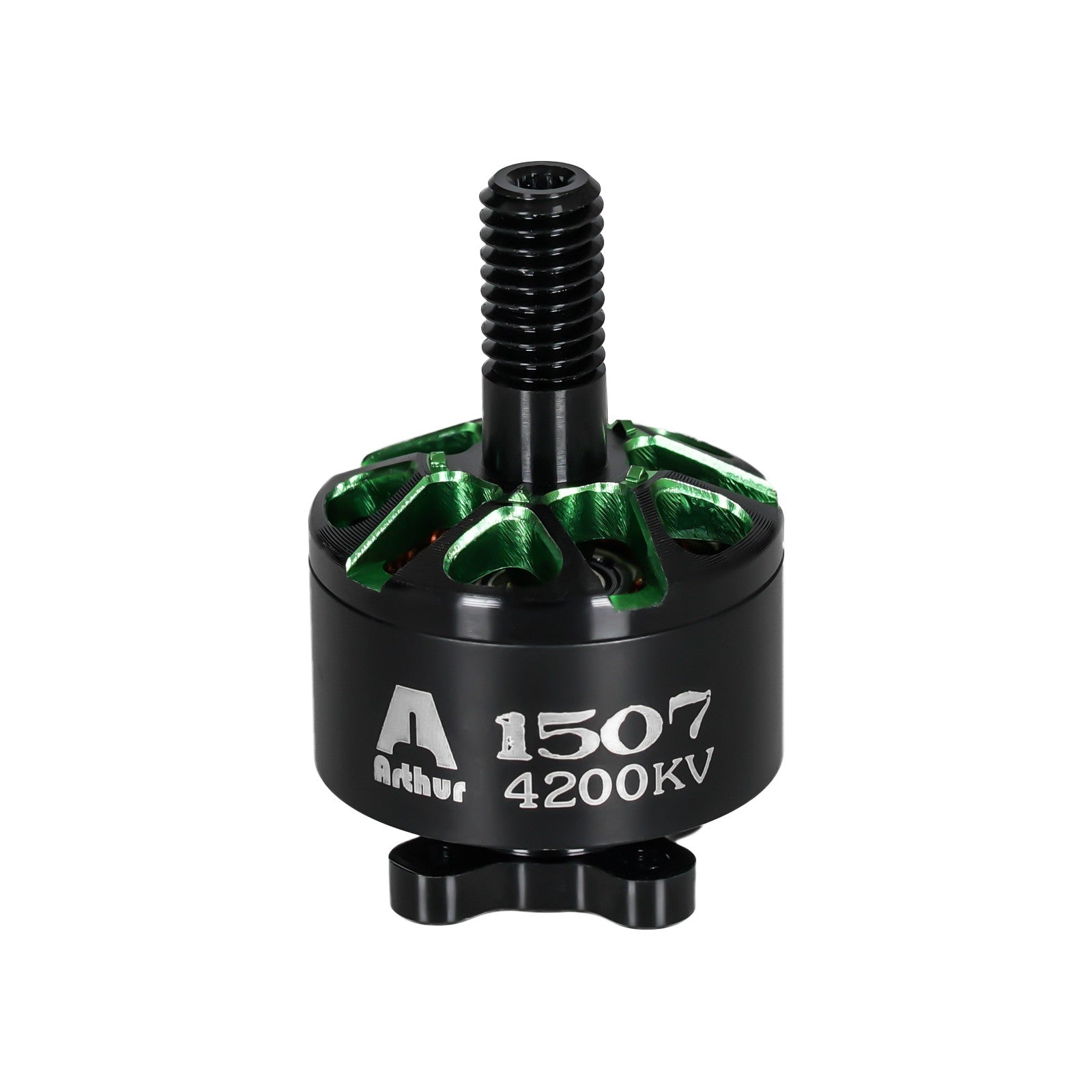 Flashhobby Arthur A1507 4200KV brushless motor with black housing, green stator, and threaded shaft