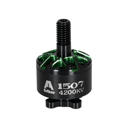 Flashhobby Arthur A1507 4200KV brushless motor with black housing, green stator, and threaded shaft