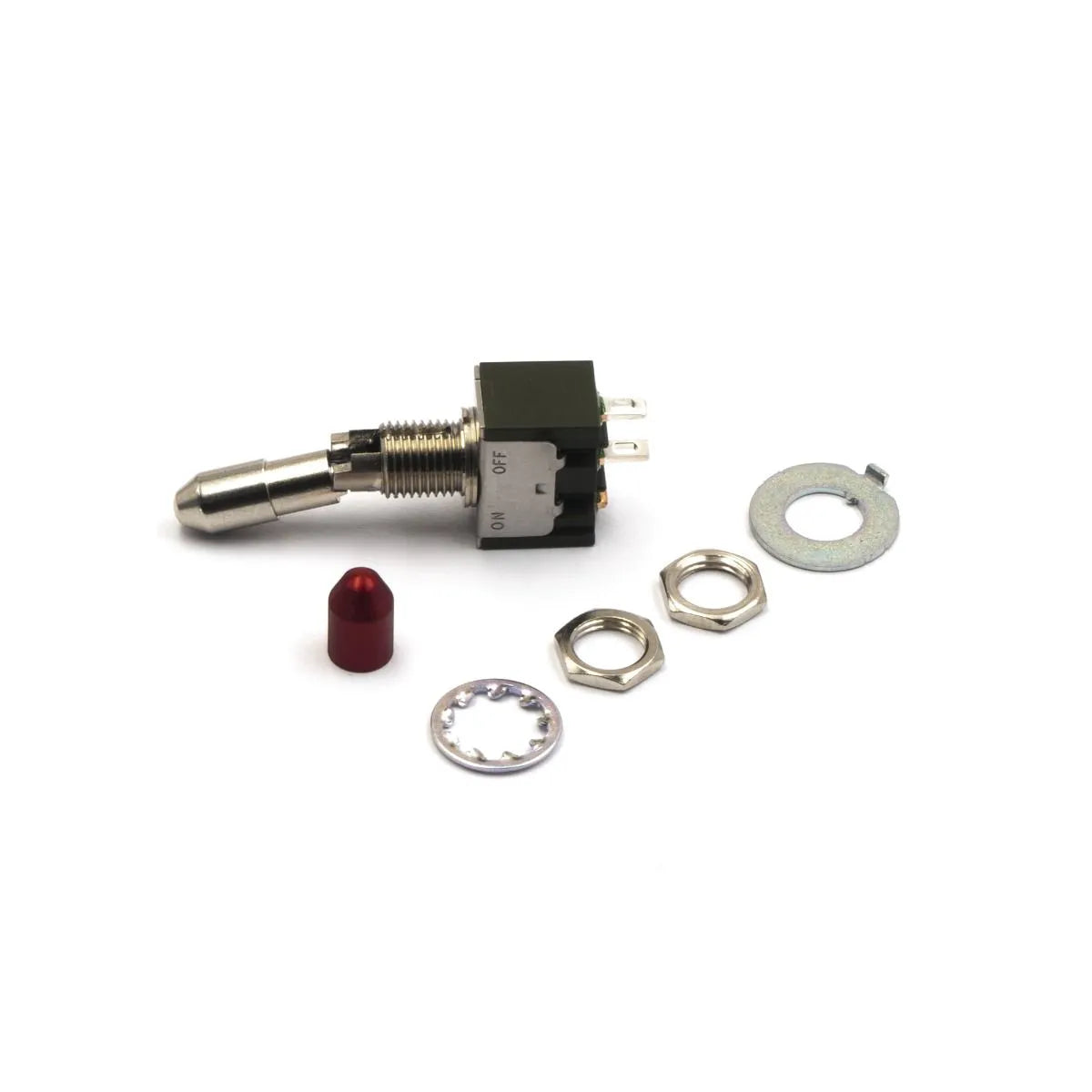 FrSky two-position self-locking toggle switch with mounting hardware and red cap, product kit