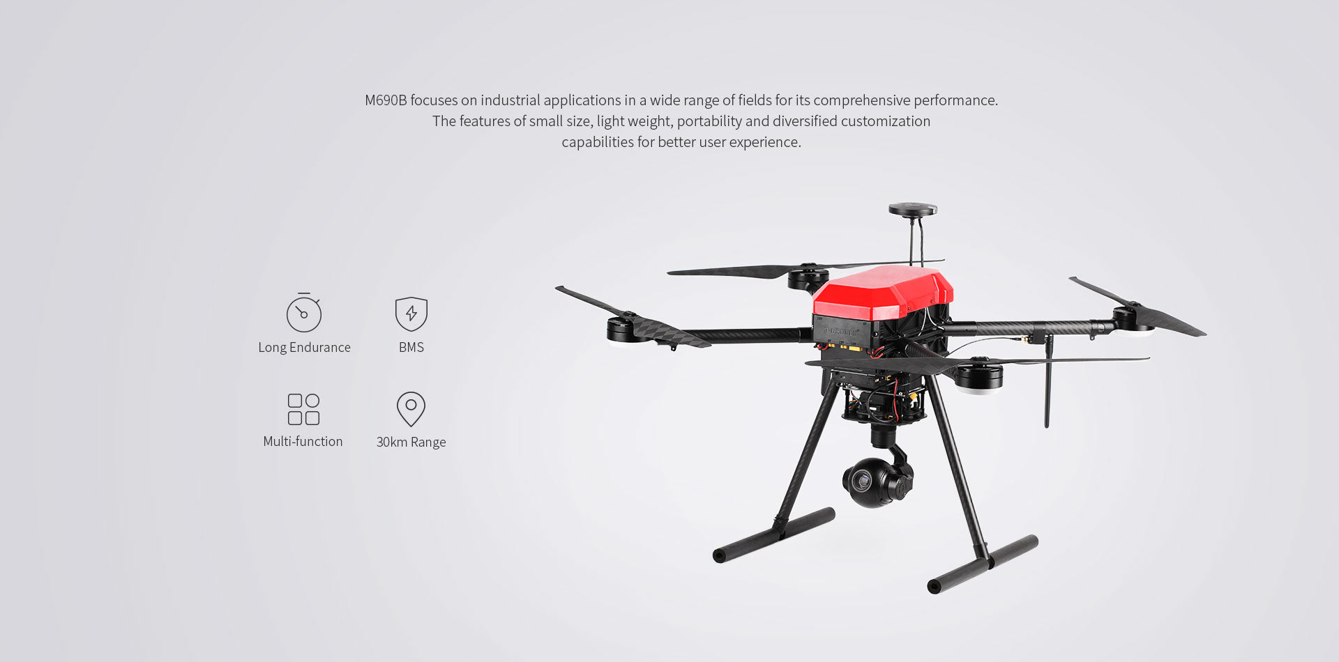 The T-Motor T-Drone M690B emphasizes industrial applications with small size, light weight, portability and customization options.