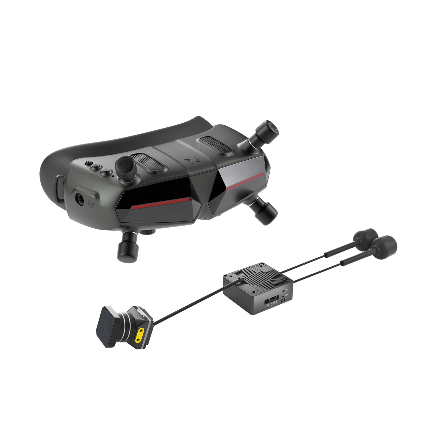 Walksnail Avatar HD Goggle kit with FPV goggles, camera and receiver module on black background