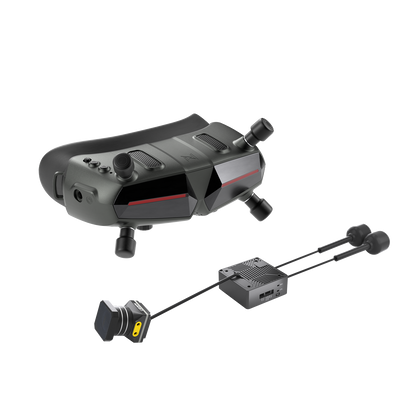 Walksnail Avatar HD Goggle kit with FPV goggles, camera and receiver module on black background