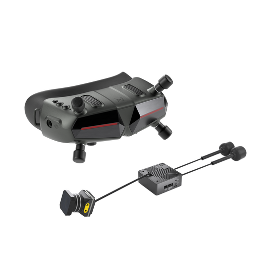 Walksnail Avatar HD Goggle kit with FPV goggles, camera and receiver module on black background