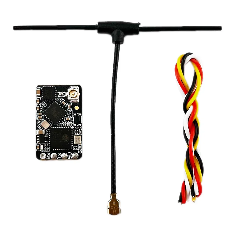 ELRS 2.4G nano receiver set: PCB, T antenna with IPEX connector, and 4-wire harness