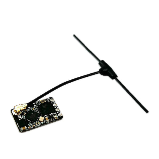 DarwinFPV BAYCKRC ELRS 2.4GHz nano receiver board with T-shaped antenna attached