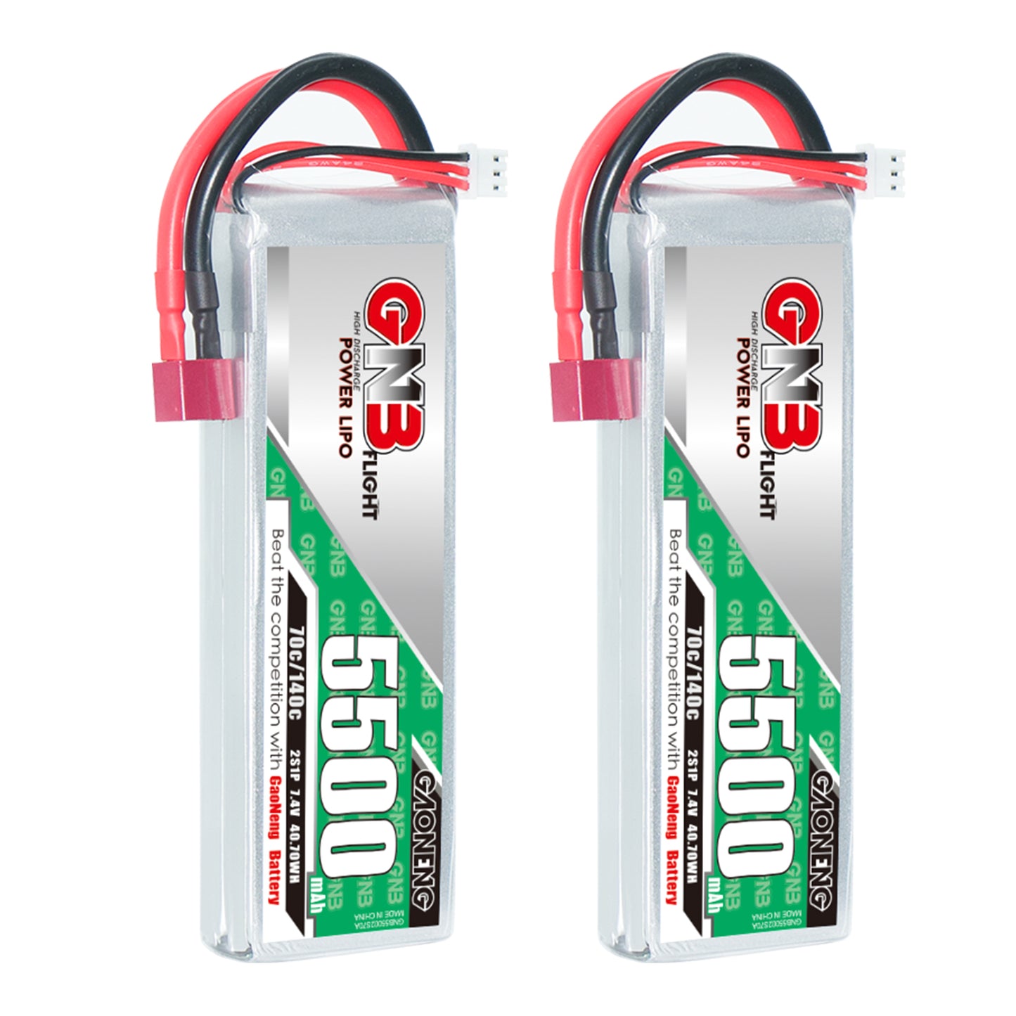 Two GAONENG GNB 5500mAh LiPo batteries shown side by side with T-plug connector and balance lead