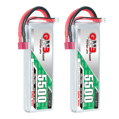 Two GAONENG GNB 5500mAh LiPo batteries shown side by side with T-plug connector and balance lead
