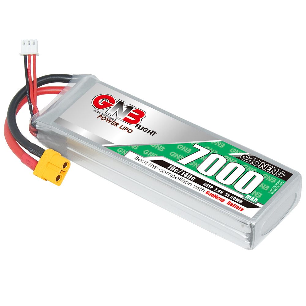 GAONENG GNB 2S 7.4V 7000mAh 70C LiPo battery with XT60 plug and balance lead