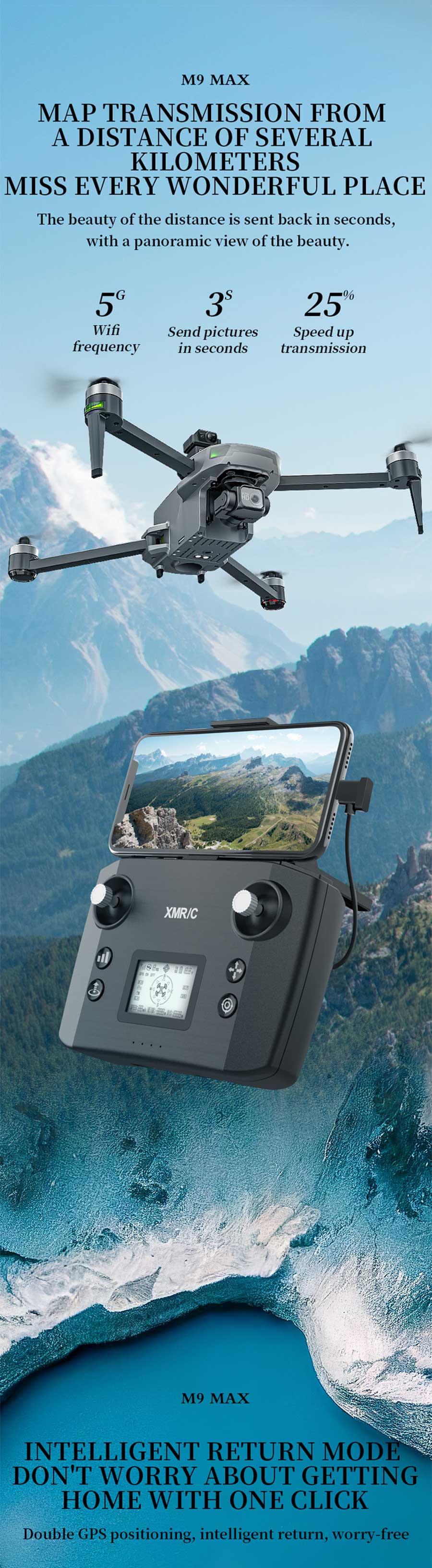 XMR/C M9 MAX Drone - 3 Axis Gimbal 4K Camera Brushless GPS 5G Obstacle Avoidance Quadcopter Screen Remote Control 18 XMR/C M9 MAX Drone, M9 MAX MAP TRANSMISSION FROM A DISTANCE OF SEVERAL