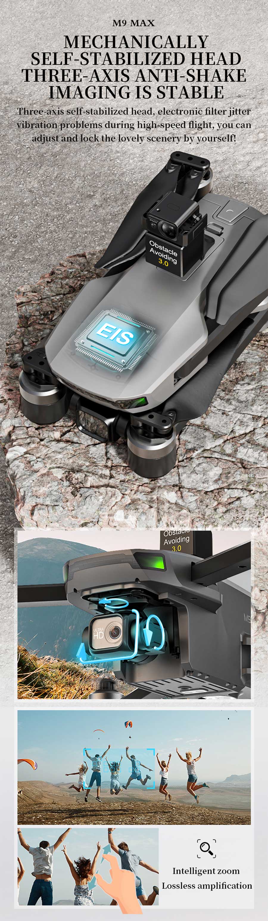 XMR/C M9 MAX Drone - 3 Axis Gimbal 4K Camera Brushless GPS 5G Obstacle Avoidance Quadcopter Screen Remote Control 22 XMR/C M9 MAX Drone, M9 MAX MECHANICALLY SELF-STABILIZED HEAD