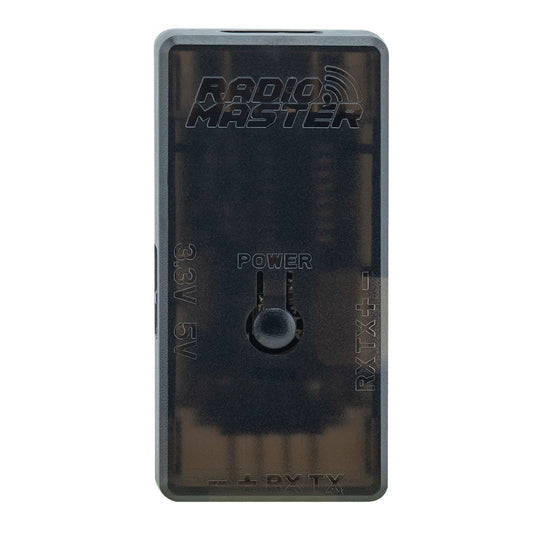 RadioMaster ExpressLRS USB UART Flasher V2, front view with POWER button and RX/TX pin labels