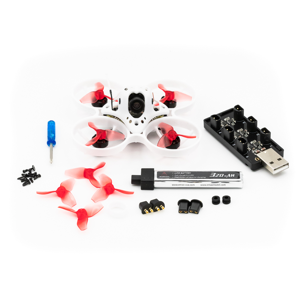EMAX Tinyhawk Nanoscout HDZero BNF 65mm FPV kit contents: USB charger, 1S battery, spare props, screws