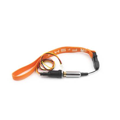 FrSky Audio Jack Switch with wiring harness and orange FrSky lanyard, white background
