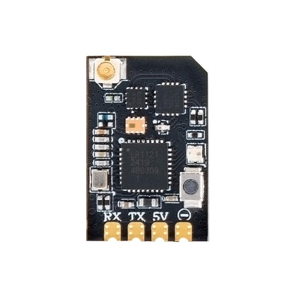 Close-up of RadioMaster XR1 Nano ExpressLRS receiver front showing RX TX 5V pads and U.FL antenna port