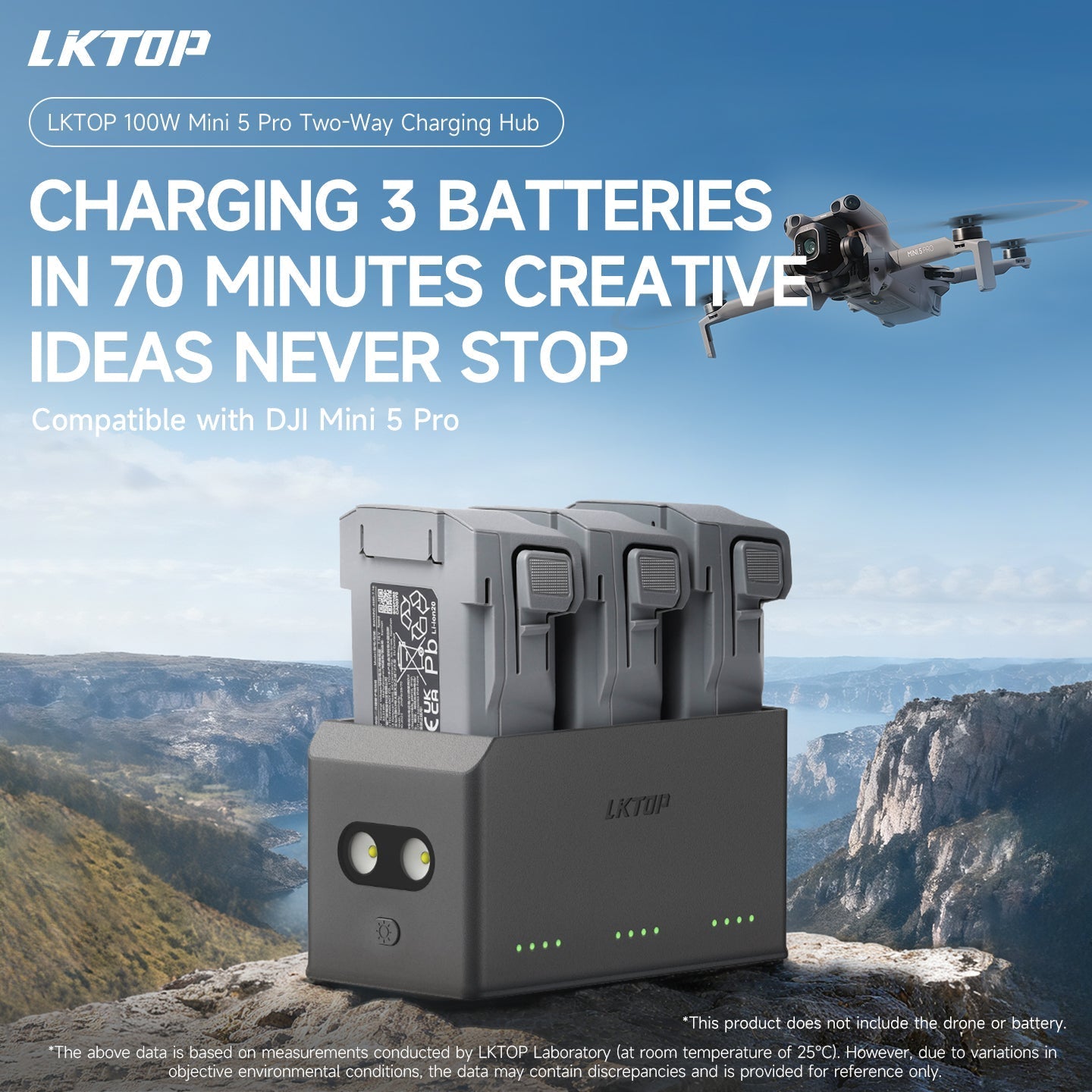 LKTOP’s 100W hub charges three DJI Mini 5 Pro batteries in 70 mins, featuring LED indicators, SOS, and fast power for uninterrupted outdoor drone use.