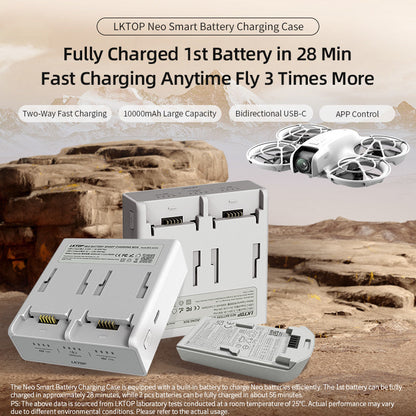 LKTOP Neo case offers 10,000mAh, fast charging, USB-C, app control, and three slots for DJI Neo batteries, boosting flight time portably.