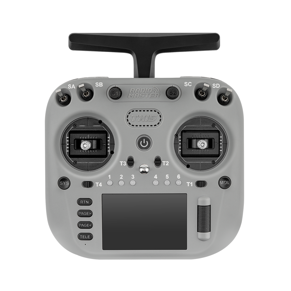 RadioMaster TX15 transmitter front view in gray with gimbals, switches and touchscreen display