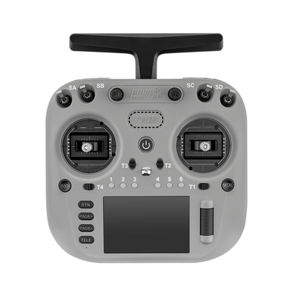 RadioMaster TX15 transmitter front view in gray with gimbals, switches and touchscreen display