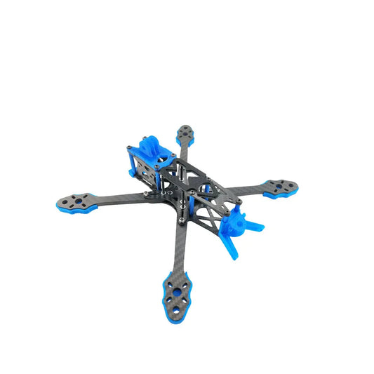 Darwin 240 5inch long distance FPV drone frame assembled, carbon fiber X layout with blue TPU mounts