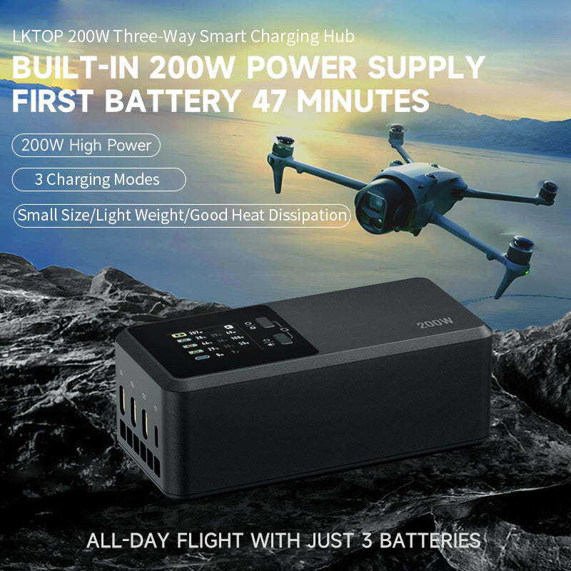 LKTOP 200W hub charges three batteries fast (47 min first), has USB-C, LCD, three modes, and enables all-day flight. Compact, lightweight, efficient cooling.