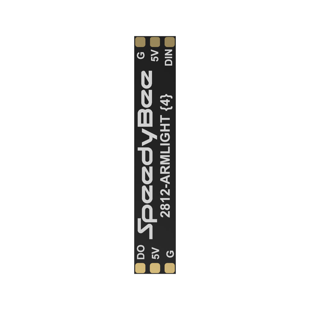 SpeedyBee Programmable 2812 Arm Light, SpeedyBee 2812 arm light LED strip PCB with G, 5V, DIN and DO solder pads labeled on both ends