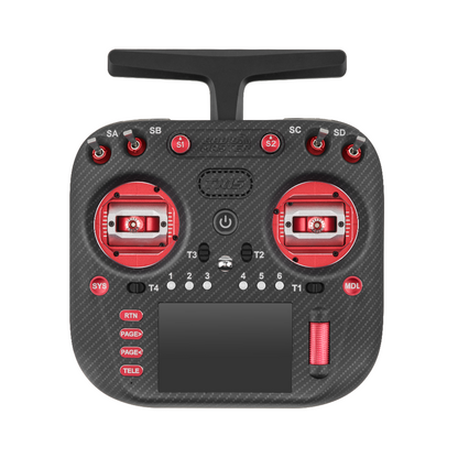 RadioMaster TX15 Max transmitter front view with red CNC gimbals, switches, and 3.5in touchscreen