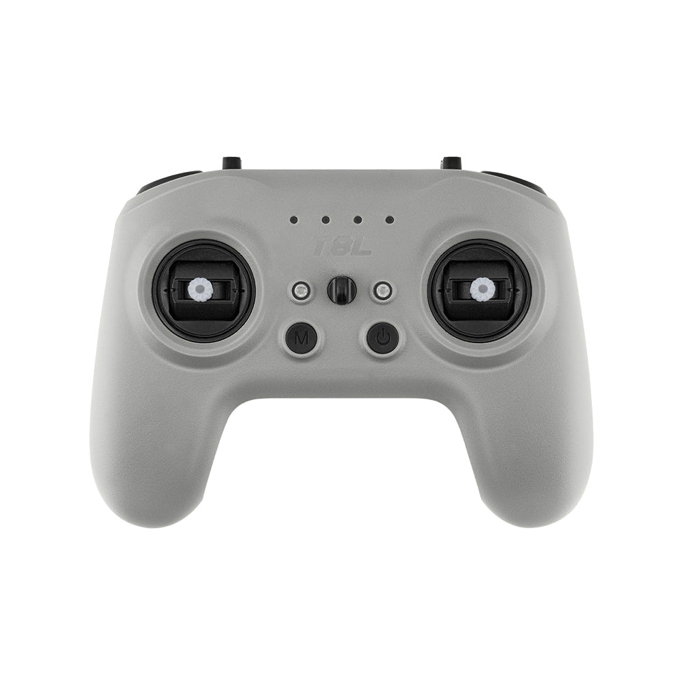 RadioMaster T8L (M2) screenless radio controller front view in gray with dual gimbals and control buttons