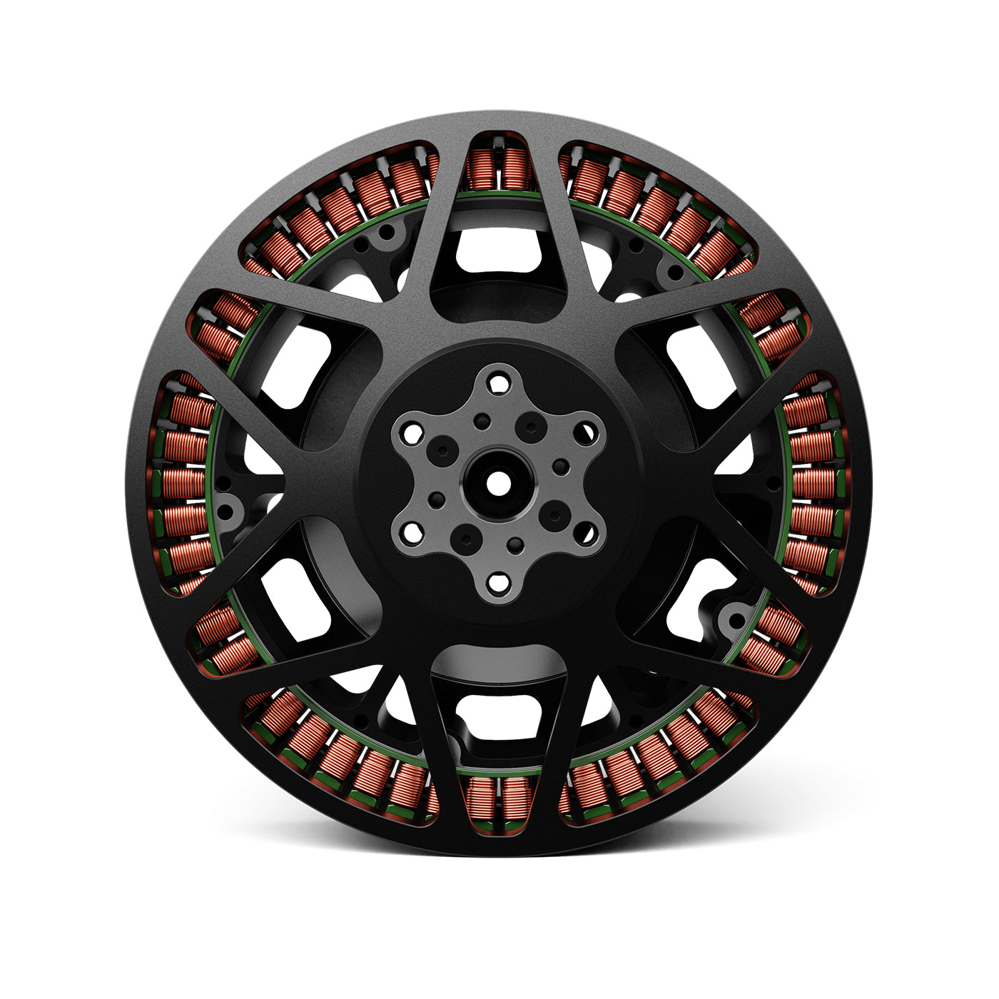 MAD M50C35 PRO EEE Manned Drone Motor, Top view of MAD M50C35 PRO EEE drone motor with black spoked housing, visible copper windings, and center mount holes