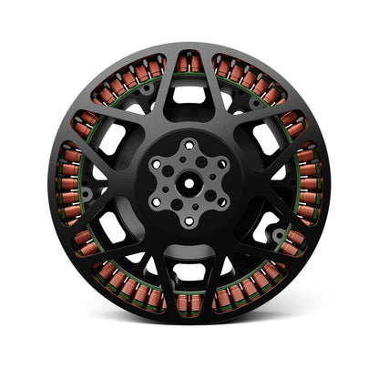 MAD M50C35 PRO EEE Manned Drone Motor, Top view of MAD M50C35 PRO EEE drone motor with black spoked housing, visible copper windings, and center mount holes
