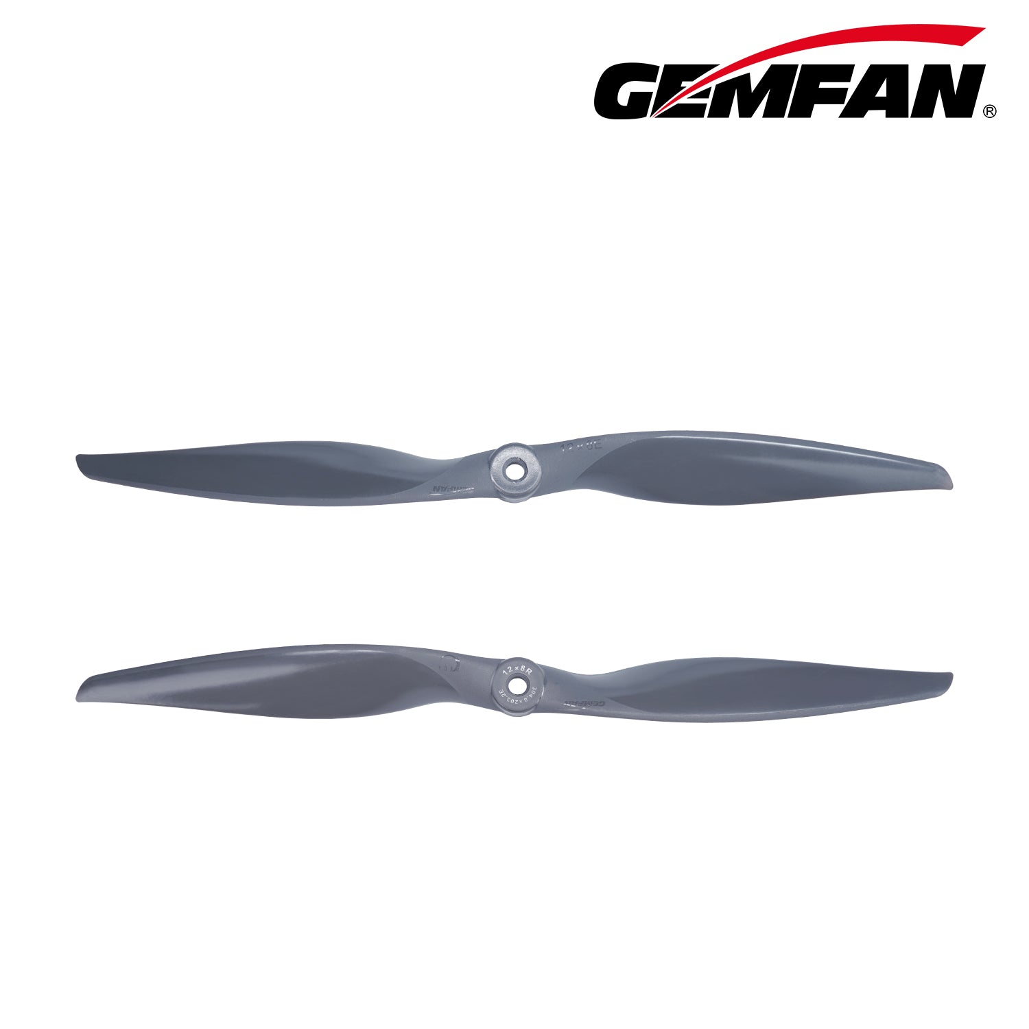 Two Gemfan Vortex 12x8 propellers shown together, matching pair with center hub mounting holes
