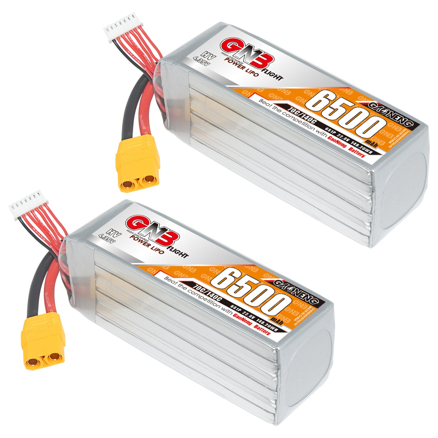 Two GNB 6500mAh 6S LiHV LiPo battery packs shown at angle with XT90 connectors and balance leads